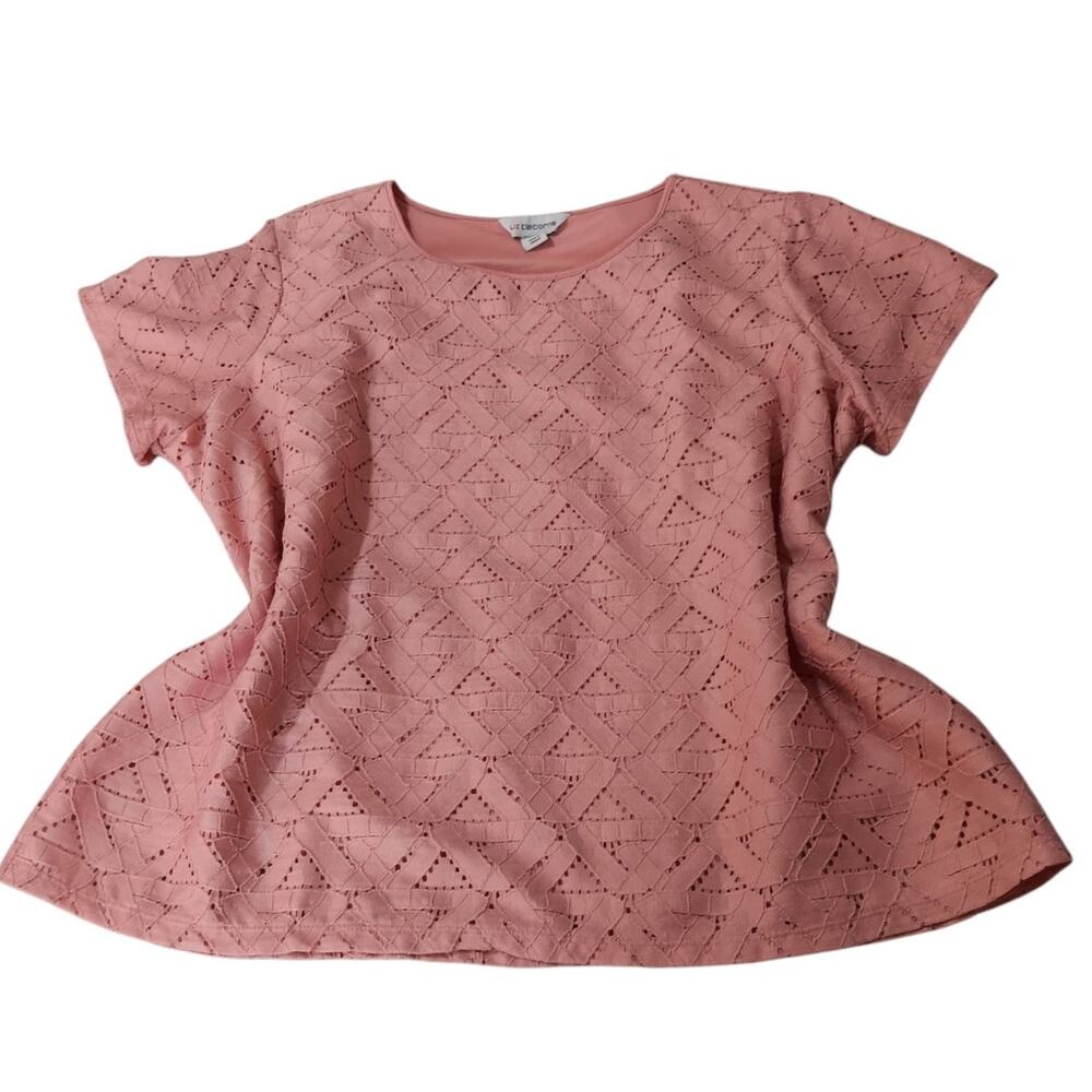 2000s LIZ CLAIBORNE Pink‎ Eyelet Lace Embroidered Top Blouse 2X Short Sleeves